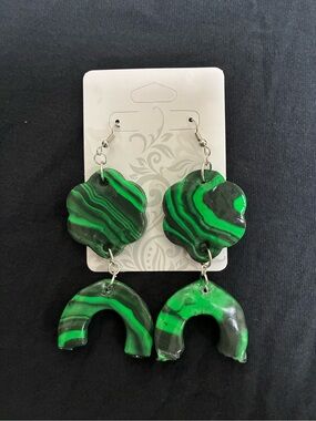 Green Marbled Dangle Statement Earrings - Handmade
